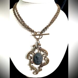 Extasia Black Cameo Cast Brass Pendant Multi Chain Statement 16” or 32” Necklace